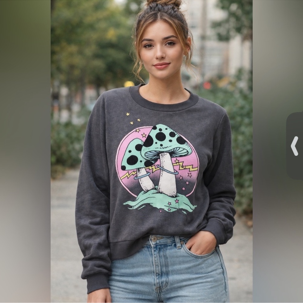 Wildfox Gray Sweatshirt with Mushroom Graphic NWT